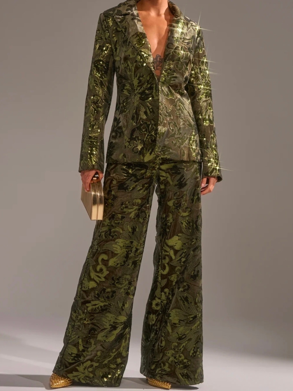 Akira Aurora Sequin Green Velvet Jacquard Jacket and Pant Set
